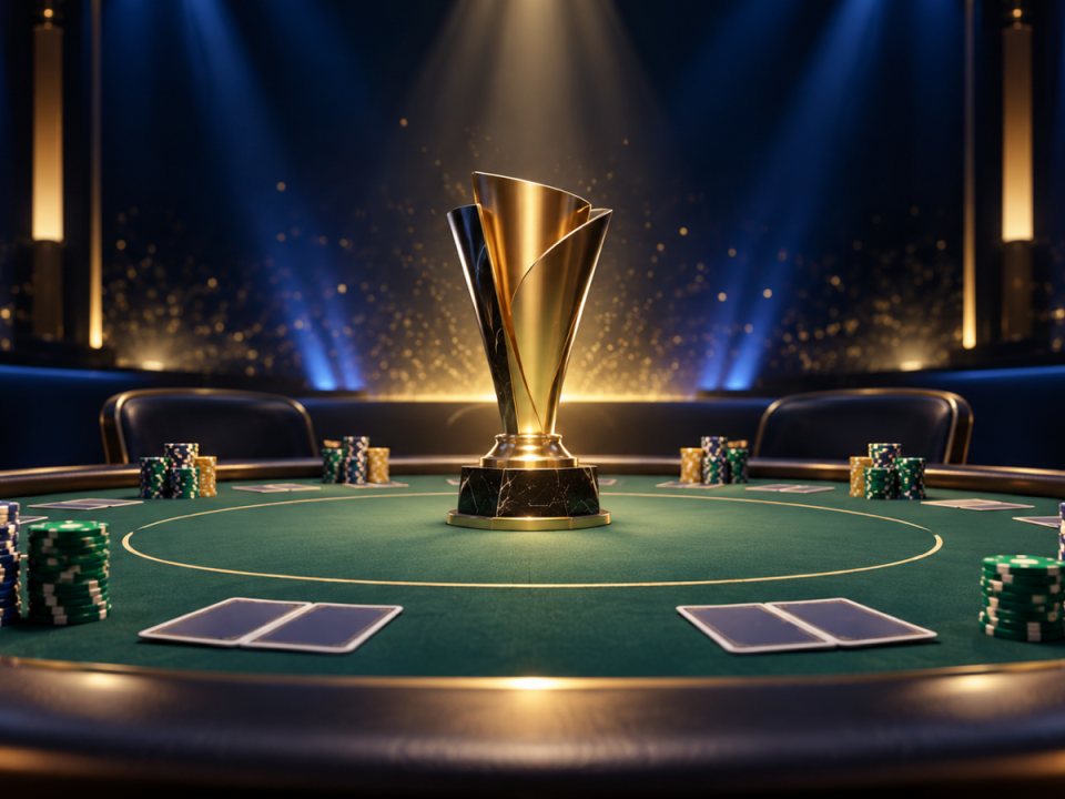 Ilustración editorial generada de un trofeo de póker sin marca sobre una mesa final vacía con fichas genéricas y cartas sin marcas