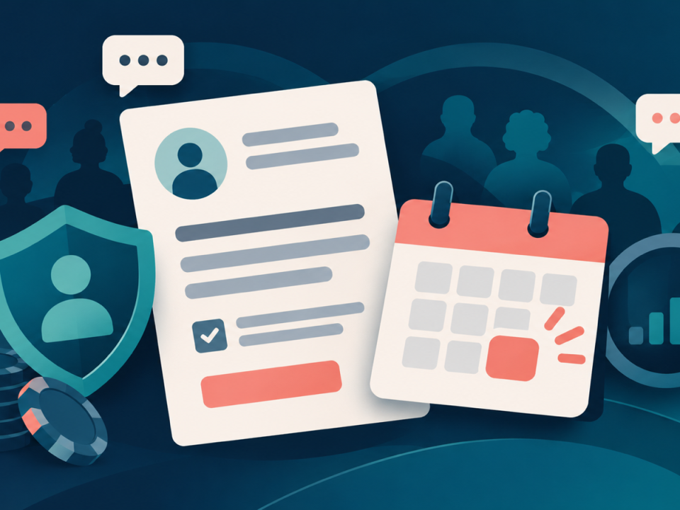 Editorial illustration of a public consultation document, calendar and player-protection controls