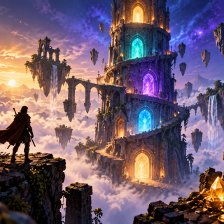 Generated fantasy illustration of an adventurer facing a floating tower with glowing portals and treasure
