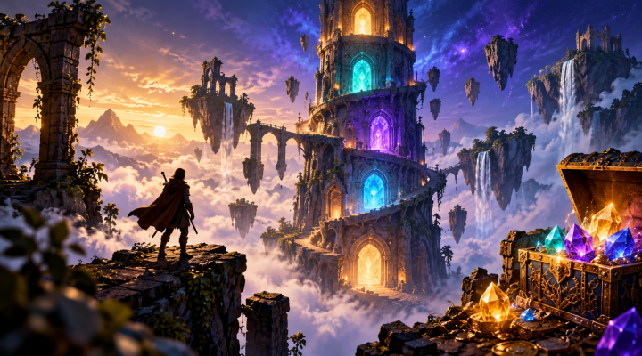 Generated fantasy illustration of an adventurer facing a floating tower with glowing portals and treasure