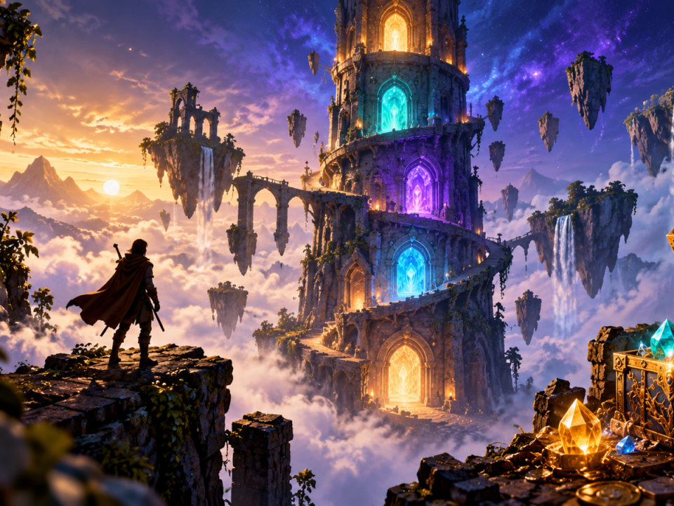 Ilustración fantástica generada de un aventurero ante una torre flotante con portales luminosos y tesoros